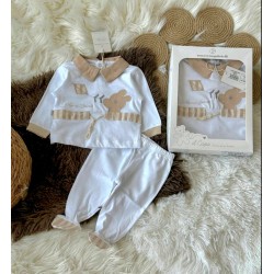 Луксозен италиански бебешки комплект в бяло и бежово със зайче в кутия