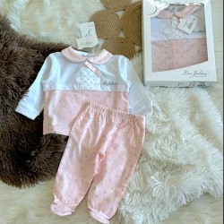 Луксозен италиански бебешки комплект в бяло и розово на сребърни сърца в кутия