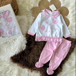 Луксозен италиански бебешки комплект с пеперуди в бяло и розово в кутия