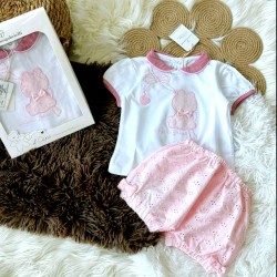Луксозен италиански бебешки летен комплект в бяло и розово с коте в кутия