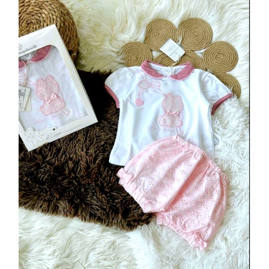 Луксозен италиански бебешки летен комплект в бяло и розово с коте в кутия Луксозен италиански бебешки летен комплект в бяло и розово с коте в кутия