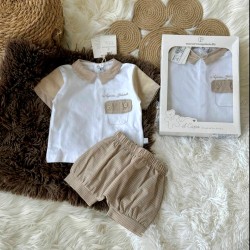 Луксозен италиански бебешки летен комплект в бяло и бежово в кутия