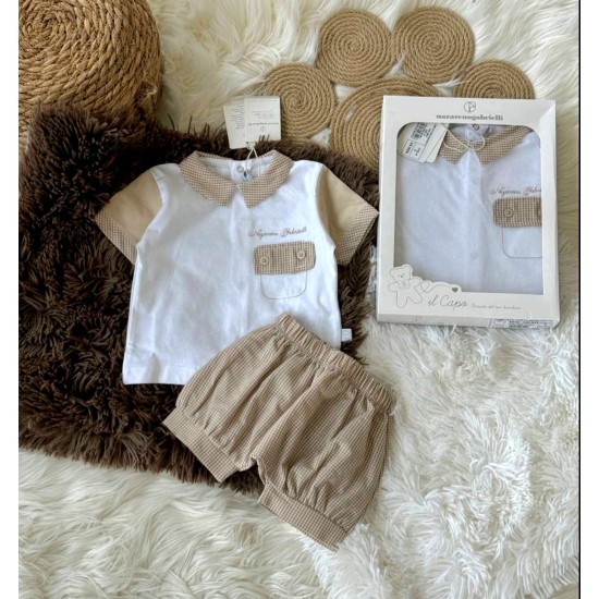 Луксозен италиански бебешки летен комплект в бяло и бежово в кутия Луксозен италиански бебешки летен комплект в бяло и бежово в кутия