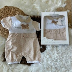 Луксозен италиански летен бебешки ромпър в бяло и бежово каре в кутия