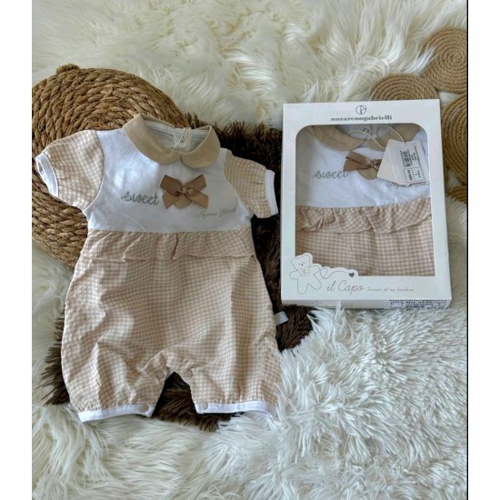 Луксозен италиански летен бебешки ромпър в бяло и бежово каре в кутия