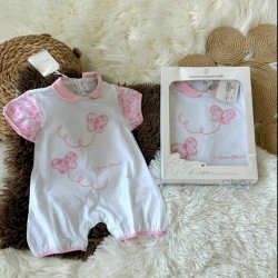 Луксозен италиански летен ромпър в бяло и розово с пеперуди в кутия