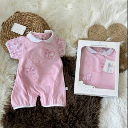 Луксозен италиански бебешки летен гащеризон в розово и бяло с пеперуди в кутия