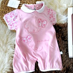 Луксозен италиански бебешки летен гащеризон в розово и бяло с пеперуди в кутия Луксозен италиански бебешки летен гащеризон в розово и бяло с пеперуди в кутия