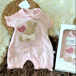 Луксозен италиански летен бебешки гащеризон в розово със зайче в кутия Луксозен италиански летен бебешки гащеризон в розово със зайче в кутия