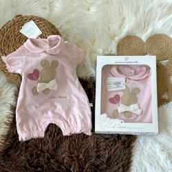 Луксозен италиански летен бебешки гащеризон в розово със зайче в кутия