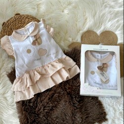 Луксозна италианска бебешка рокля в бяло и бежово каре с якичка в кутия
