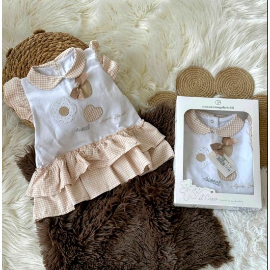 Луксозна италианска бебешка рокля в бяло и бежово каре с якичка в кутия