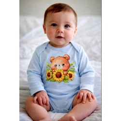 Бебешко памучно боди в синьо със слънчогледи Мечо