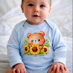 Бебешко памучно боди в синьо със слънчогледи Мечо