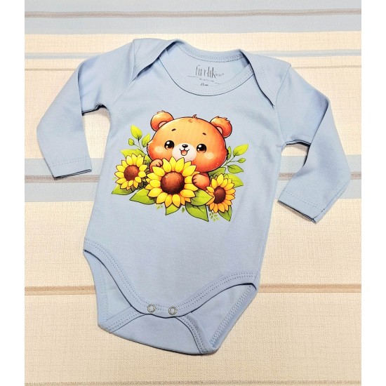 Бебешко памучно боди в синьо със слънчогледи Мечо
