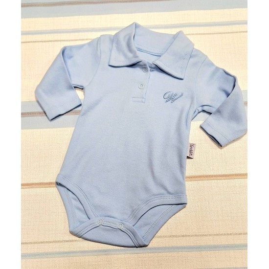 Бебешко памучно боди в светло синьо с яка