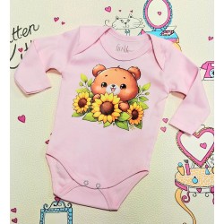 Бебешко памучно боди в розово със слънчогледи Мечо