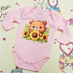 Бебешко памучно боди в розово със слънчогледи Мечо