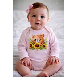 Бебешко памучно боди в розово със слънчогледи Мечо