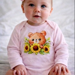 Бебешко памучно боди в розово със слънчогледи Мечо