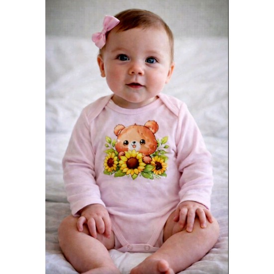 Бебешко памучно боди в розово със слънчогледи Мечо