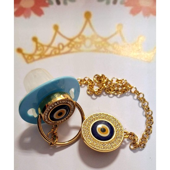 Луксозен биберон залъгалка в синьо с клипс и верижка СИНЬО ОКО