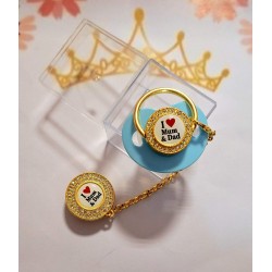 Луксозен биберон залъгалка с клипс в синьо I love mum&dad