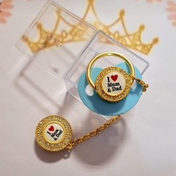 Луксозен биберон залъгалка с клипс в синьо I love mum&dad