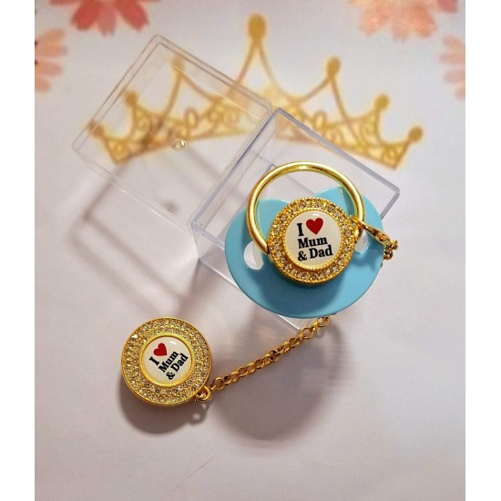 Луксозен биберон залъгалка с клипс в синьо I love mum&dad