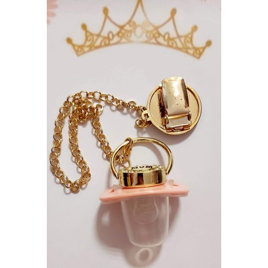 Луксозен биберон залъгалка в розово с клипс и верижка СИНЬО ОКО