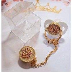 Луксозен биберон залъгалка в бяло и розово с клипс и верижка КОРОНА