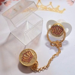 Луксозен биберон залъгалка в бяло и розово с клипс и верижка КОРОНА