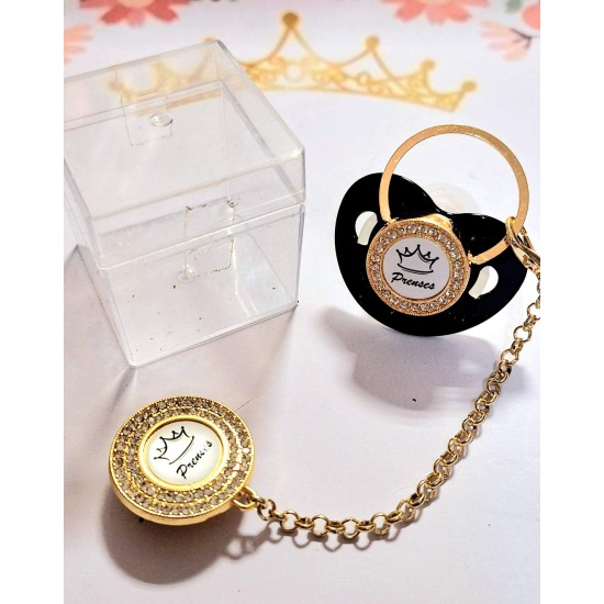 Луксозен биберон залъгалка с клипс в бяло и черно ПРИНЦЕСА