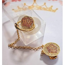 Луксозен биберон залъгалка в бяло и розово с клипс и верижка КОРОНА