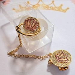 Луксозен биберон залъгалка в бяло и розово с клипс и верижка КОРОНА