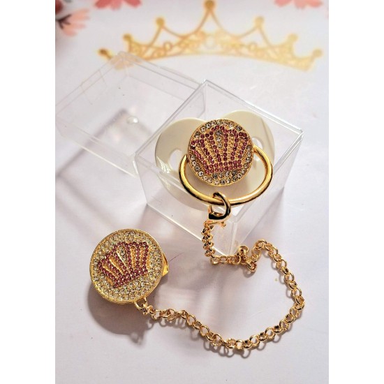 Луксозен биберон залъгалка в бяло и розово с клипс и верижка КОРОНА