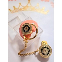 Луксозен биберон залъгалка в розово с клипс и верижка СИНЬО ОКО