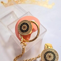 Луксозен биберон залъгалка в розово с клипс и верижка СИНЬО ОКО