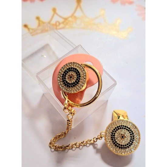 Луксозен биберон залъгалка в розово с клипс и верижка СИНЬО ОКО