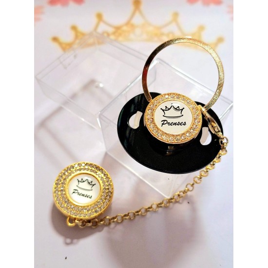 Луксозен биберон залъгалка с клипс в бяло и черно ПРИНЦЕСА