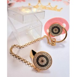 Луксозен биберон залъгалка в розово с клипс и верижка СИНЬО ОКО