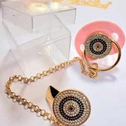 Луксозен биберон залъгалка в розово с клипс и верижка СИНЬО ОКО