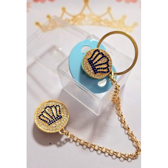 Луксозен биберон залъгалка в  синьо с клипс и верижка КОРОНА