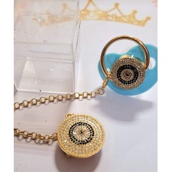 Луксозен биберон залъгалка в синьо с клипс и верижка СИНЬО ОКО