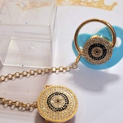 Луксозен биберон залъгалка в синьо с клипс и верижка СИНЬО ОКО