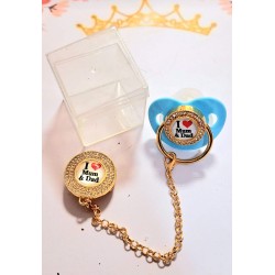 Луксозен биберон залъгалка с клипс в синьо I love mum&dad