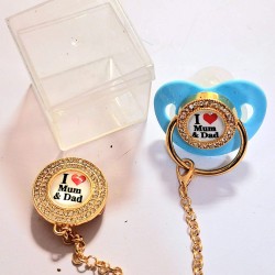 Луксозен биберон залъгалка с клипс в синьо I love mum&dad