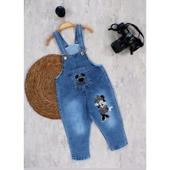 Детски дънков гащеризон с Мини Маус с леопардова рокля