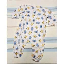 Бебешки памучен гащеризон в бяло с жълти и сини мечета