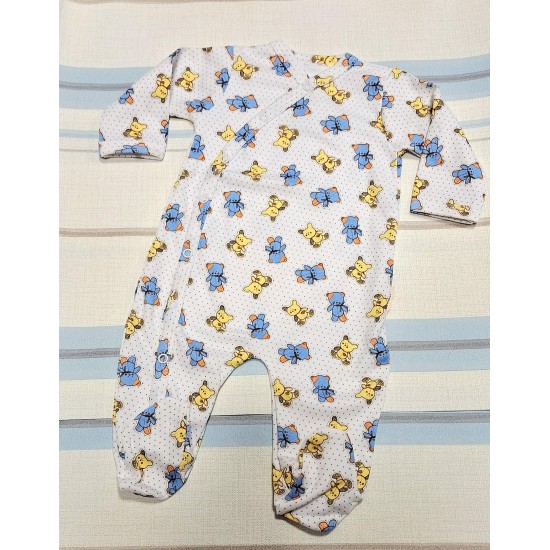 Бебешки памучен гащеризон в бяло с жълти и сини мечета